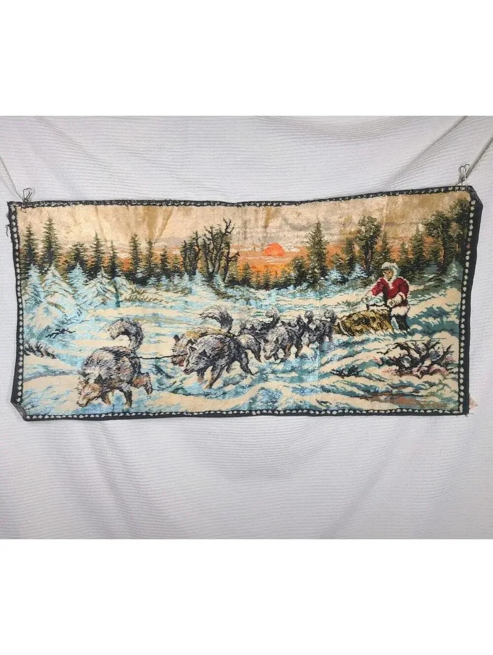 Vtg Velvet Tapestry Cotton Wall Art 41x20” Winter Sleigh Dogs Scene Retro